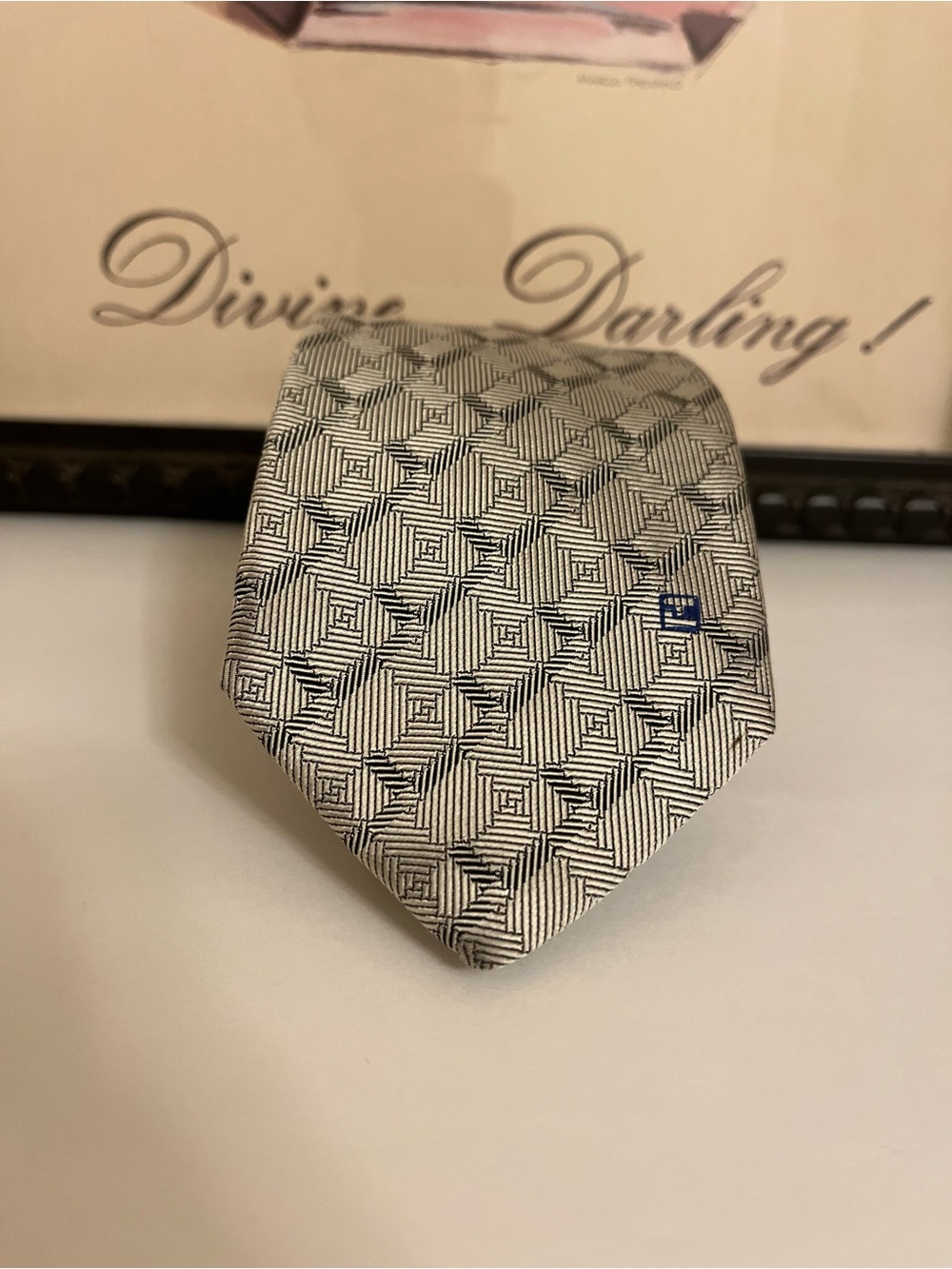 Ted Lapidus Paris Geometric Silver and Black Pattern Silk Tie